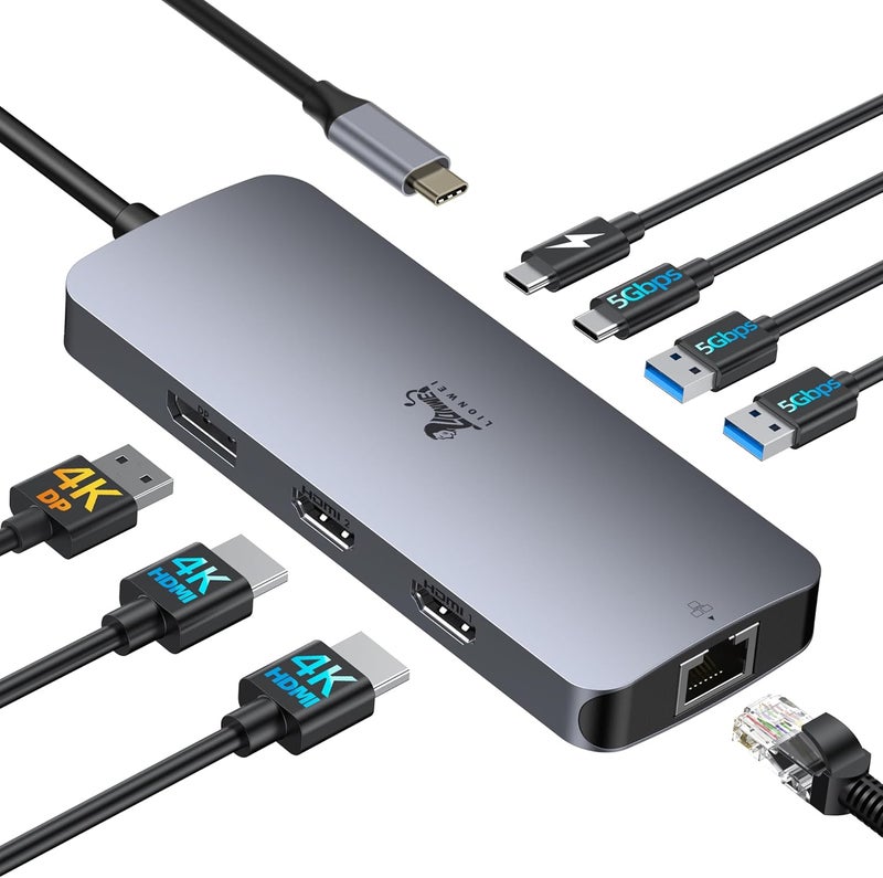 LIONWEI محطة إرساء USB C لشاشتين مزدوجتين، محطة إرساء لابتوب مع 3 شاشات و 2 HDMI، DisplayPort بدقة 4K، Ethernet بسرعة 1Gbps، شحن PD بقوة 100W، 3 USB A/C 3.0، محول متعدد المنافذ USB C لديل/لينوفو/HP - Image 1